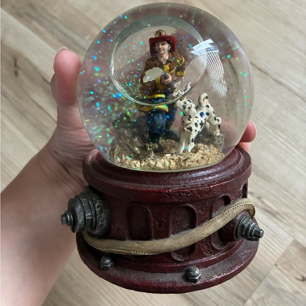 Rustic Red Snow Globe with Firefighter and Dalmatian